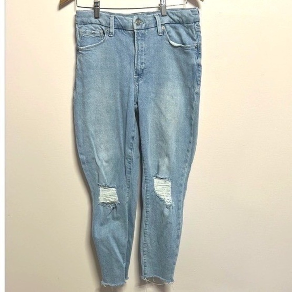 Good American High Rise‎ Skinny Jeans Light Wash Distressed Size 10 30 Raw Hem